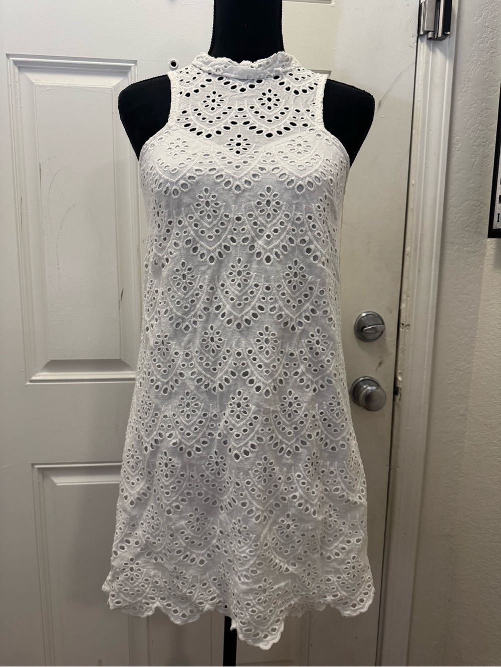 Derek Heart White Eyelet Midi Dress with High Neck 0498